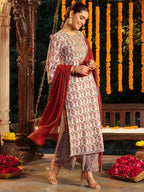 Janasya Women's Cream Georgette Yoke Zari Embroidered Ajarakh Printed Straight Kurta Set