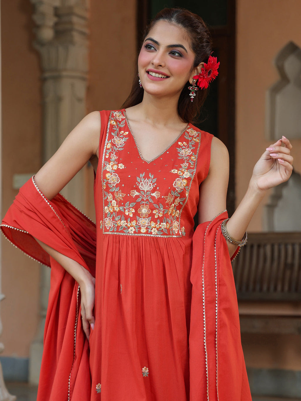 Janasya Women's Rust Pure Cotton Embroidered A-line Kurta Set