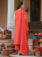 Janasya Women's Rust Pure Cotton Embroidered A-line Kurta Set