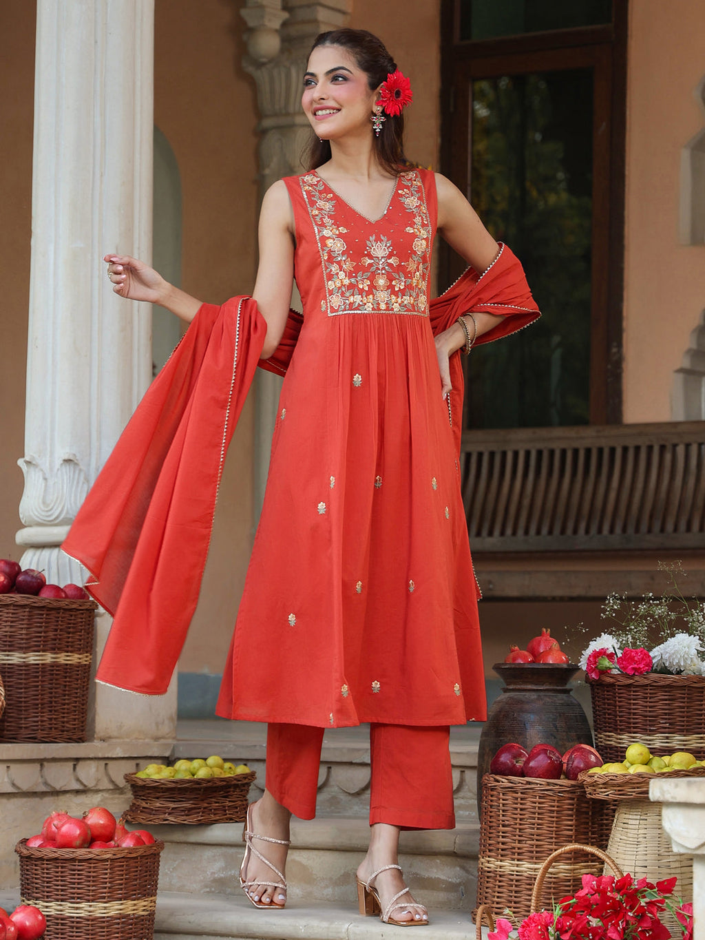 Janasya Women's Rust Pure Cotton Embroidered A-line Kurta Set