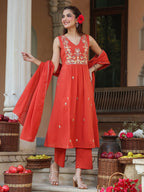Janasya Women's Rust Pure Cotton Embroidered A-line Kurta Set