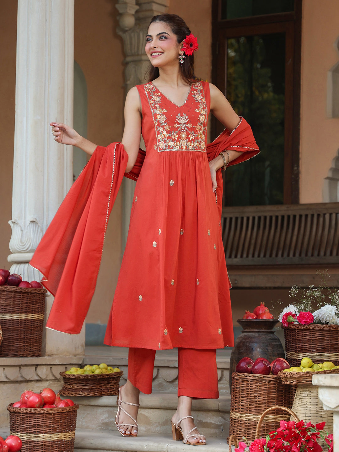 Janasya Women's Rust Pure Cotton Embroidered A-line Kurta Set