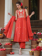 Janasya Women's Rust Pure Cotton Embroidered A-line Kurta Set