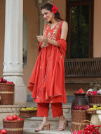 Janasya Women's Rust Pure Cotton Embroidered A-line Kurta Set