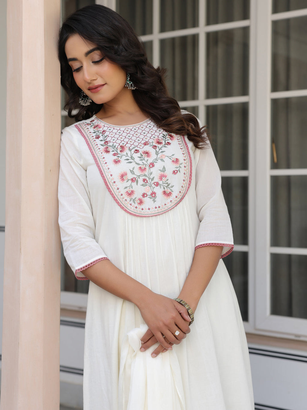 Janasya Women's Off White Pure Cotton Yoke Embroidered A line Kurta Set