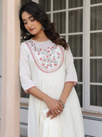 Janasya Women's Off White Pure Cotton Yoke Embroidered A line Kurta Set