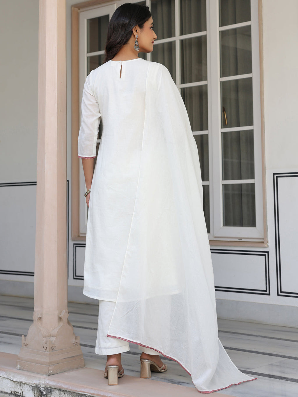 Janasya Women's Off White Pure Cotton Yoke Embroidered A line Kurta Set