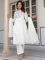 Janasya Women's Off White Pure Cotton Yoke Embroidered A line Kurta Set