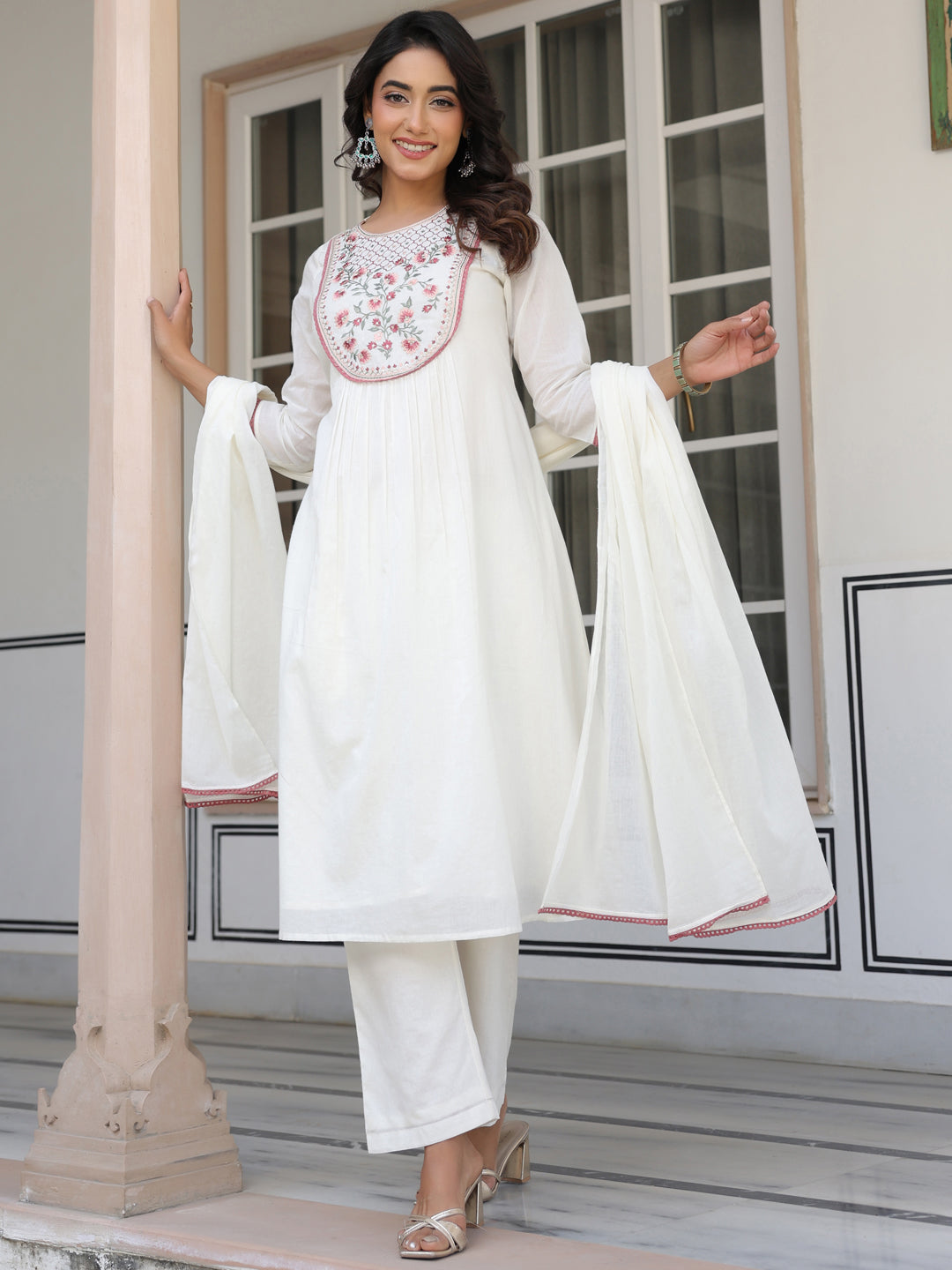 Janasya Women's Off White Pure Cotton Yoke Embroidered A line Kurta Set