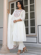 Janasya Women's Off White Pure Cotton Yoke Embroidered A line Kurta Set