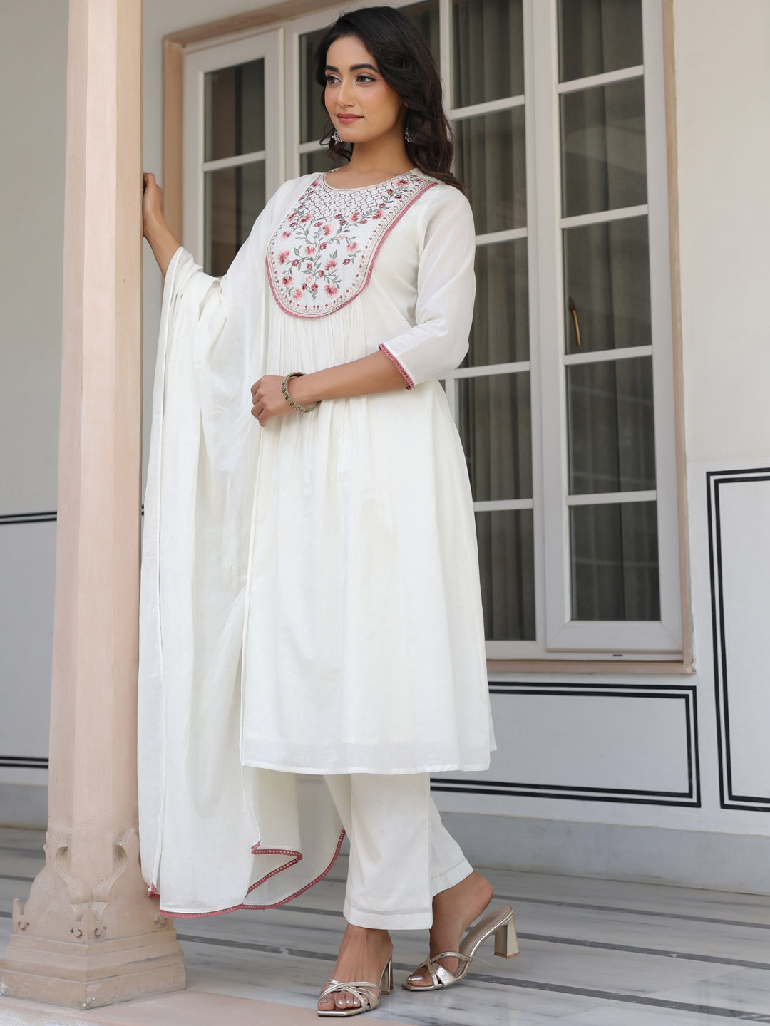 Janasya Women's Off White Pure Cotton Yoke Embroidered A line Kurta Set