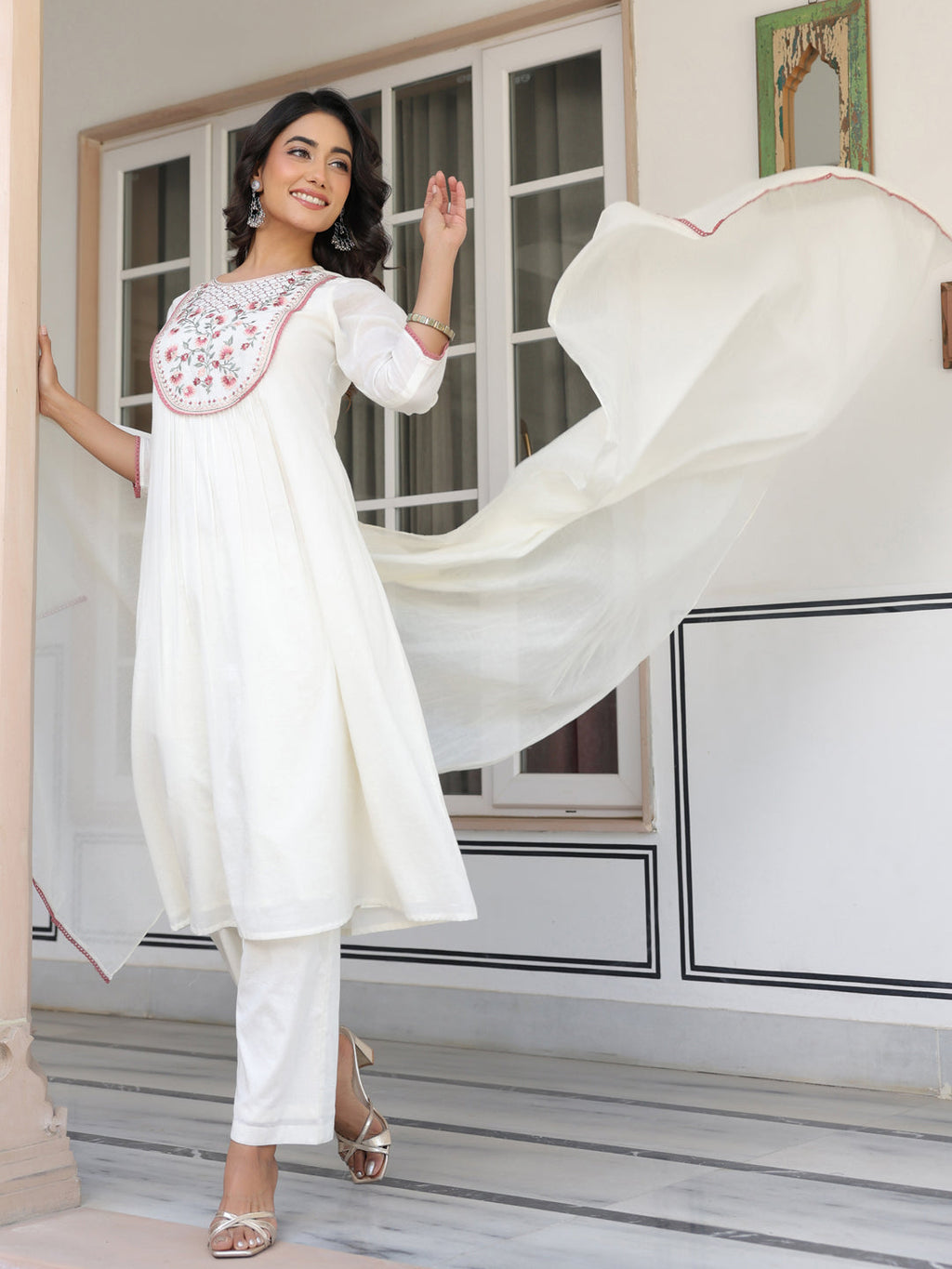 Janasya Women's Off White Pure Cotton Yoke Embroidered A line Kurta Set