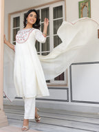 Janasya Women's Off White Pure Cotton Yoke Embroidered A line Kurta Set