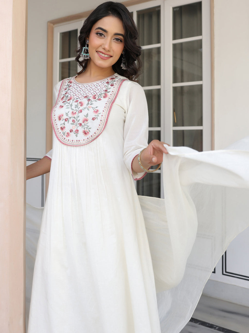 Janasya Women's Off White Pure Cotton Yoke Embroidered A line Kurta Set