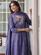 Janasya Women's Purple Pure Cotton Embroidered A-line Kurta Set