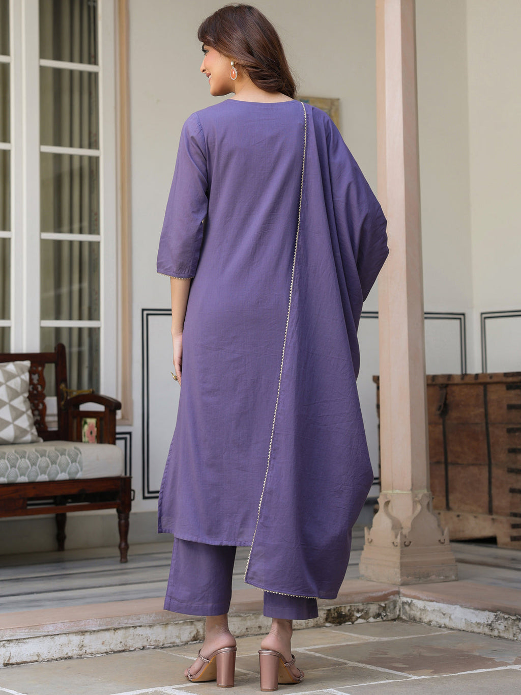 Janasya Women's Purple Pure Cotton Embroidered A-line Kurta Set