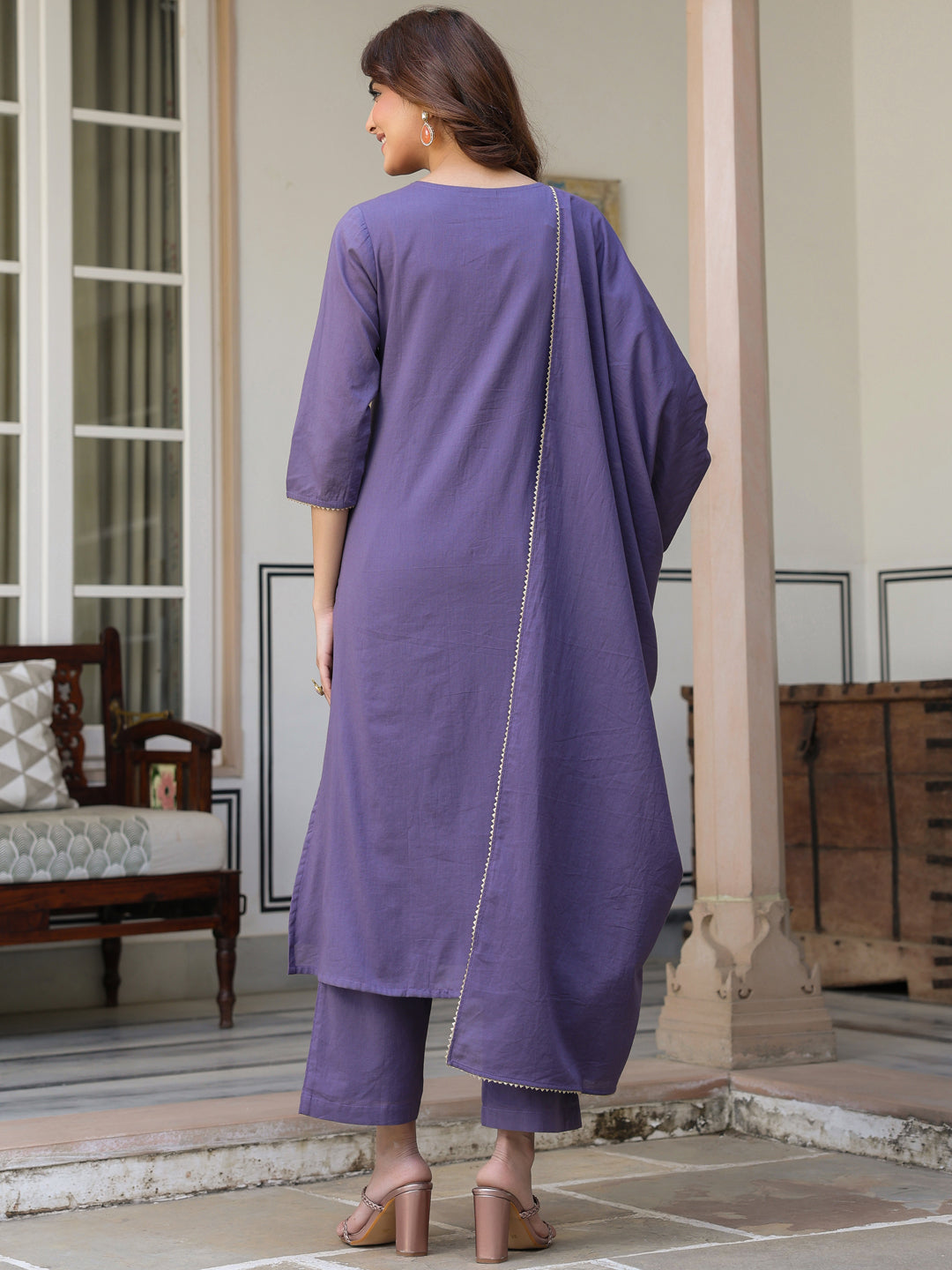 Janasya Women's Purple Pure Cotton Embroidered A-line Kurta Set
