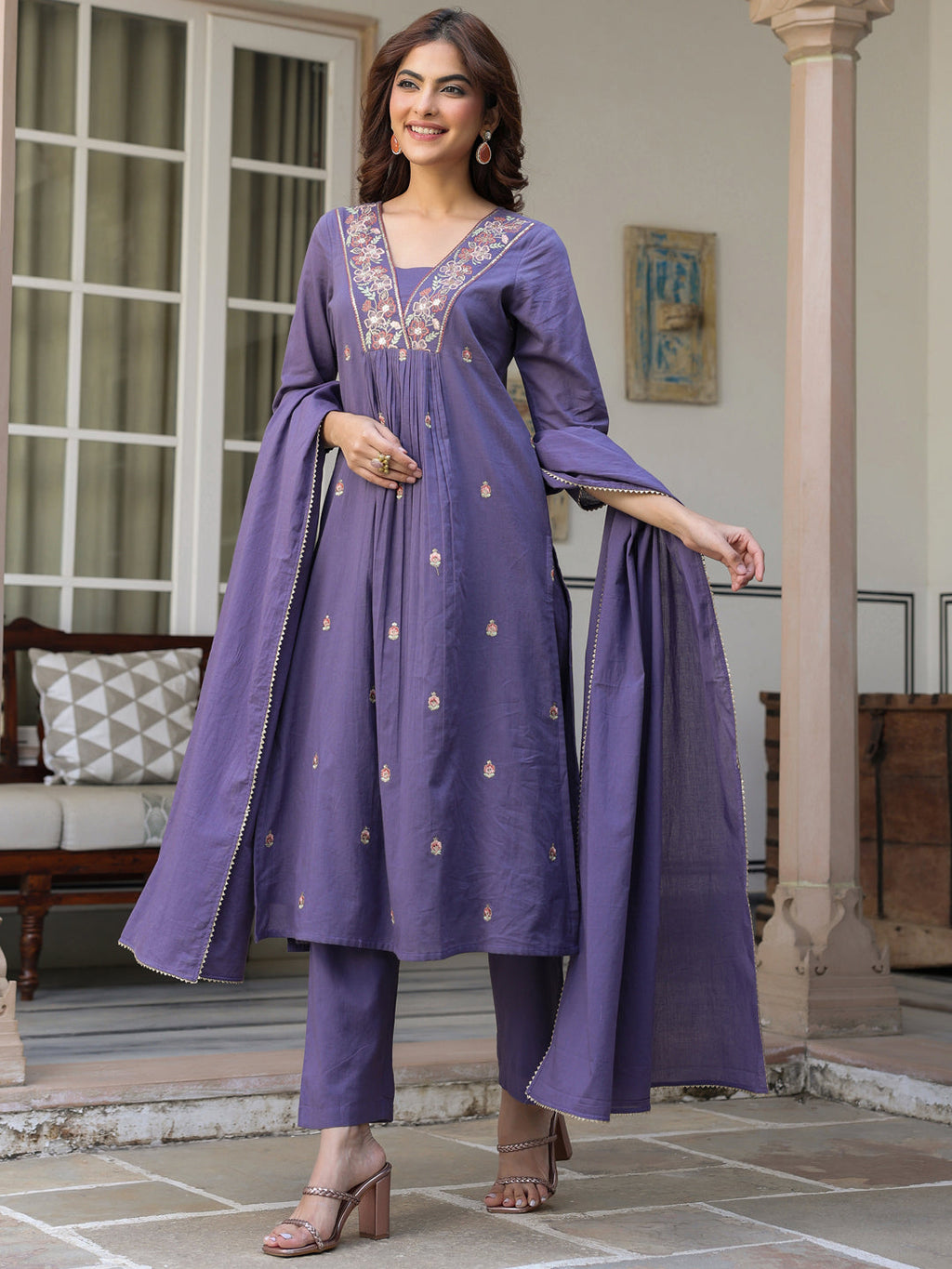 Janasya Women's Purple Pure Cotton Embroidered A-line Kurta Set