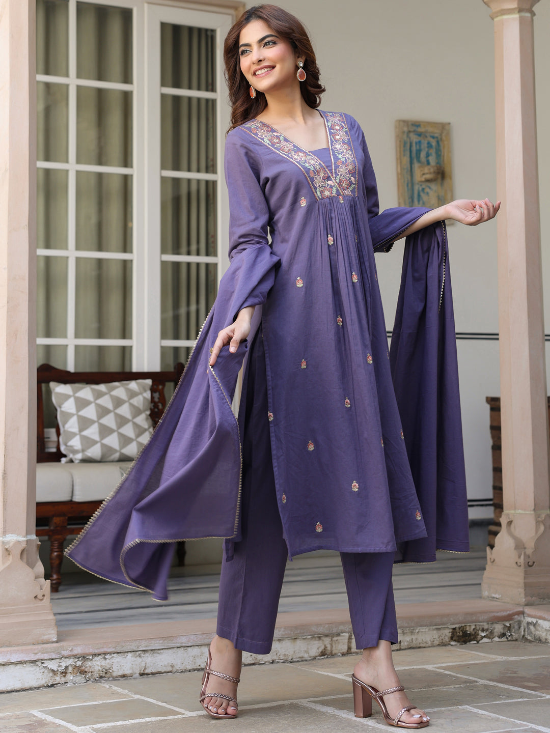 Janasya Women's Purple Pure Cotton Embroidered A-line Kurta Set