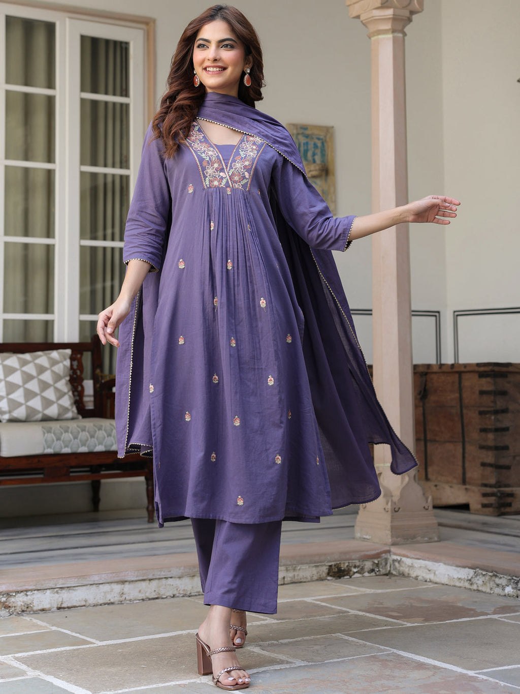 Janasya Women's Purple Pure Cotton Embroidered A-line Kurta Set
