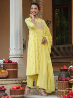 Janasya Women's Yellow Pure Cotton Embroidered A-line Kurta Set