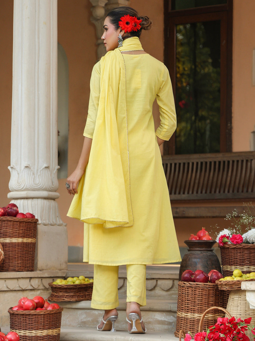Janasya Women's Yellow Pure Cotton Embroidered A-line Kurta Set