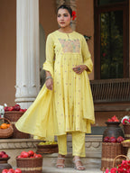 Janasya Women's Yellow Pure Cotton Embroidered A-line Kurta Set