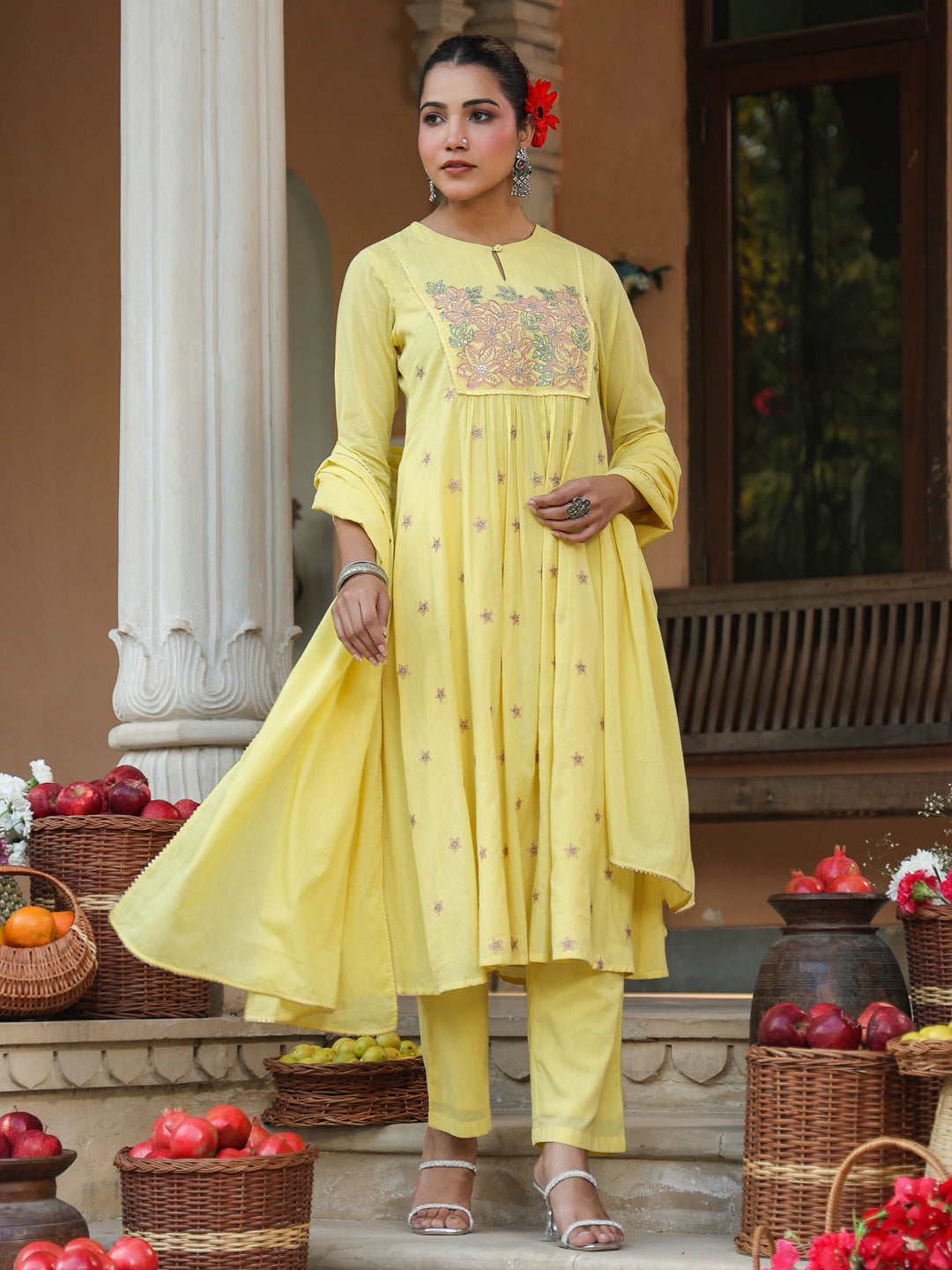 Janasya Women's Yellow Pure Cotton Embroidered A-line Kurta Set