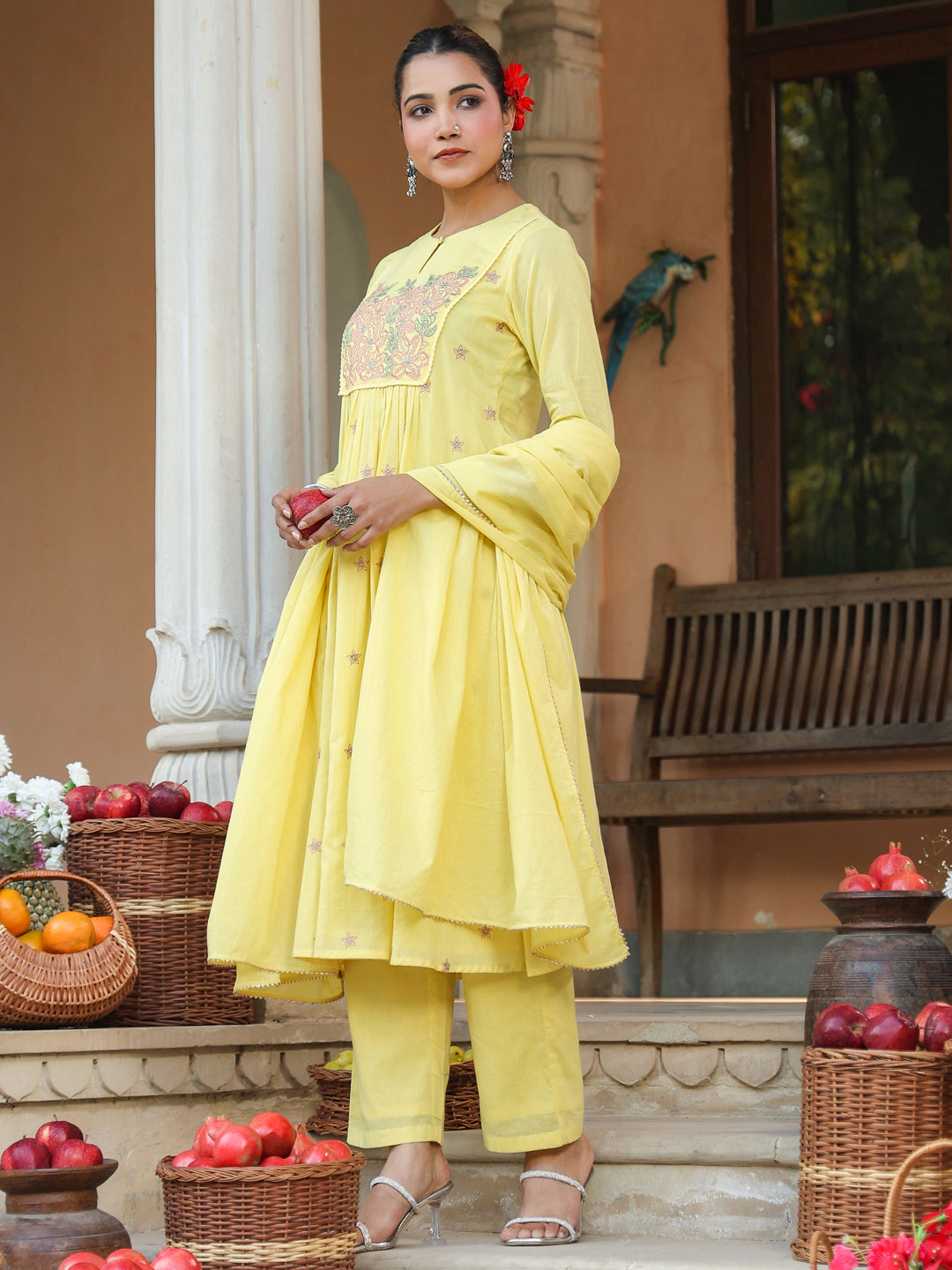 Janasya Women's Yellow Pure Cotton Embroidered A-line Kurta Set