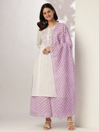 White & Lavender Pure Cotton Yoke Embroidered Straight Kurta Set