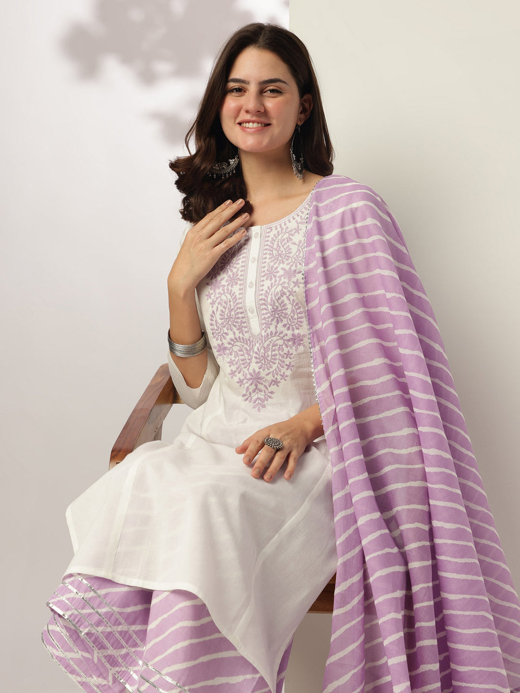 White & Lavender Pure Cotton Yoke Embroidered Straight Kurta Set