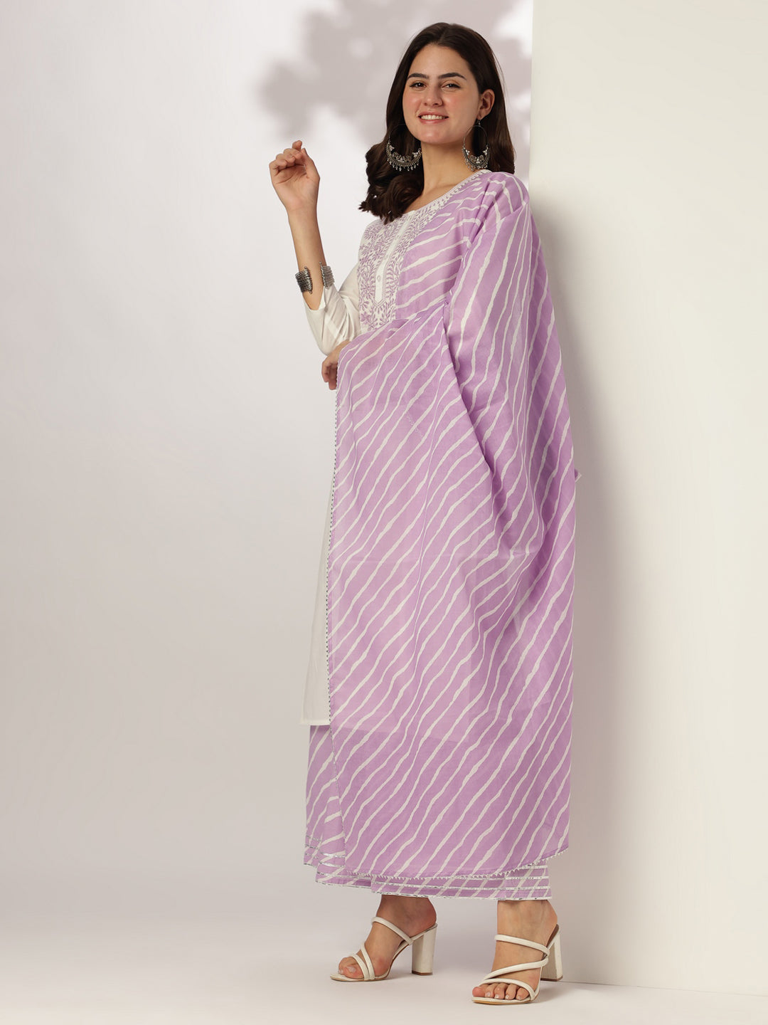 White & Lavender Pure Cotton Yoke Embroidered Straight Kurta Set