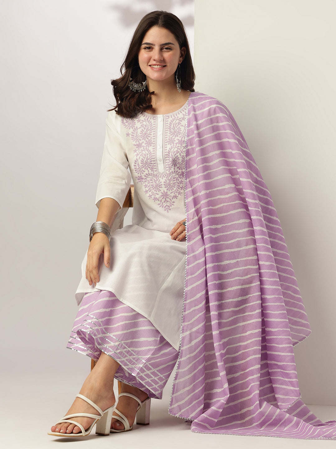 White & Lavender Pure Cotton Yoke Embroidered Straight Kurta Set