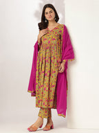 Janasya Women's Yellow Pure Cotton Floral Printed Angrakha Kurta Set