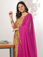 Janasya Women's Yellow Pure Cotton Floral Printed Angrakha Kurta Set