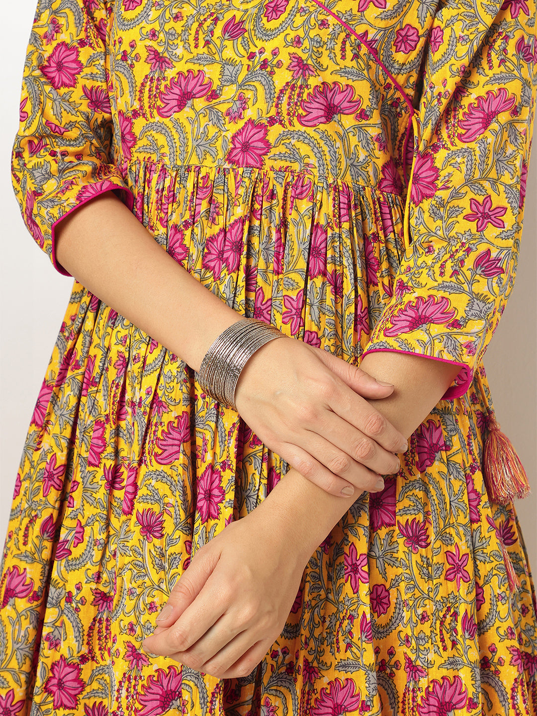 Janasya Women's Yellow Pure Cotton Floral Printed Angrakha Kurta Set