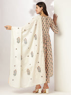 Janasya Women's Peach Pure Cotton Floral Printed A-line Kurta Set