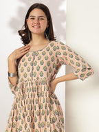 Janasya Women's Peach Pure Cotton Floral Printed A-line Kurta Set