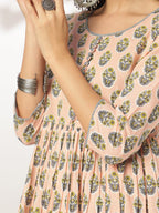 Janasya Women's Peach Pure Cotton Floral Printed A-line Kurta Set