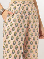 Janasya Women's Peach Pure Cotton Floral Printed A-line Kurta Set