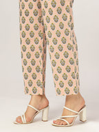 Janasya Women's Peach Pure Cotton Floral Printed A-line Kurta Set