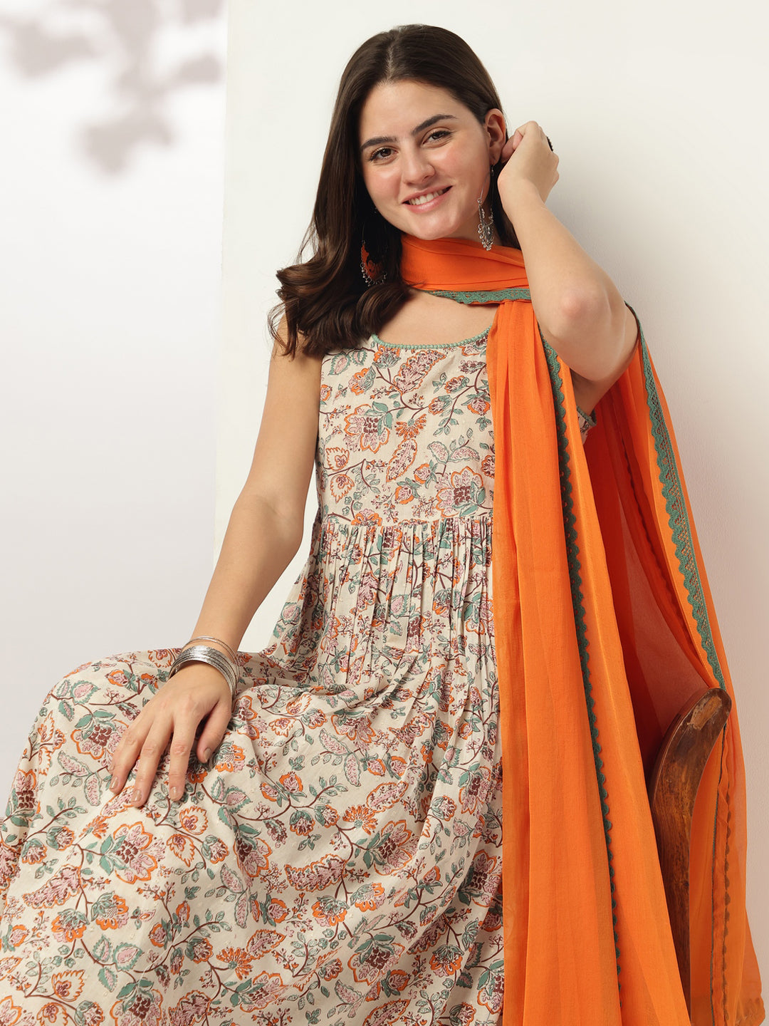 Off White Pure Cotton Floral Printed A-line Kurta Set