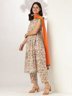 Off White Pure Cotton Floral Printed A-line Kurta Set