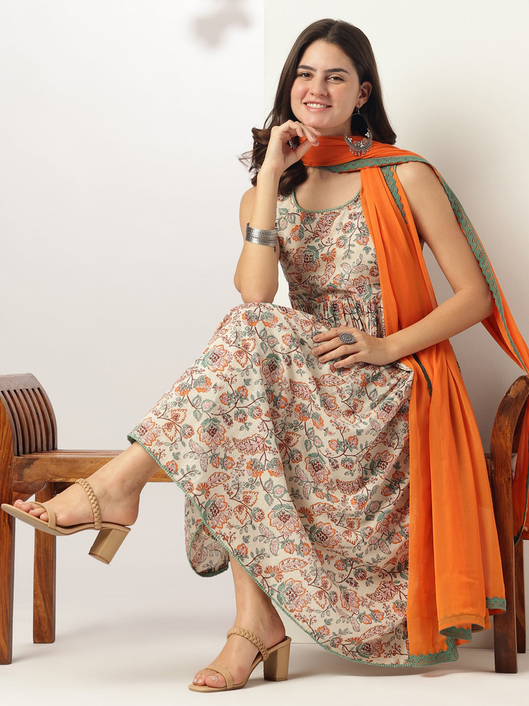 Off White Pure Cotton Floral Printed A-line Kurta Set