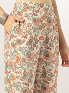 Off White Pure Cotton Floral Printed A-line Kurta Set