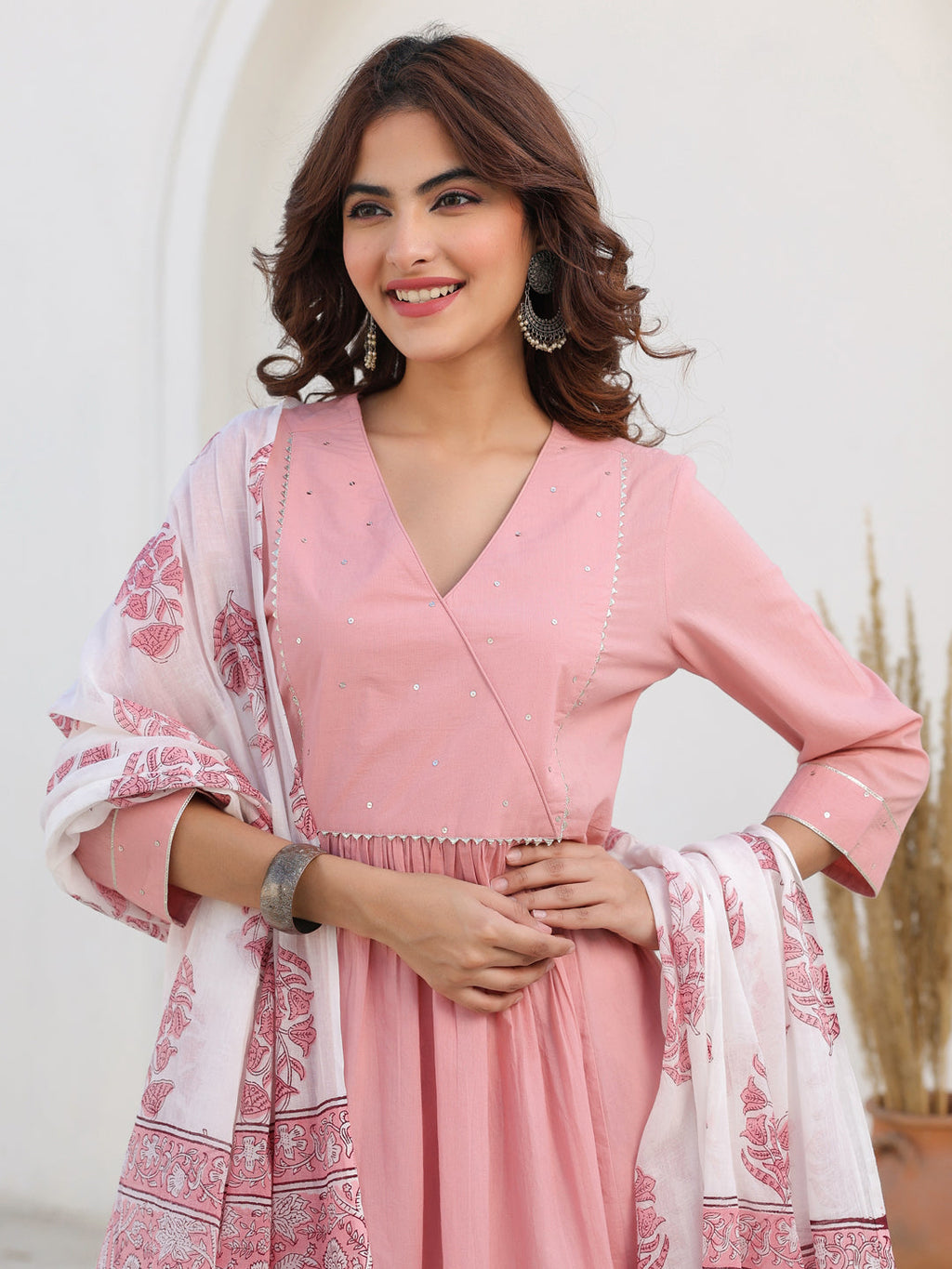 Light Pink Pure Cotton Floral Printed A-line Kurta Set
