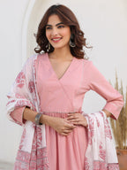 Light Pink Pure Cotton Floral Printed A-line Kurta Set