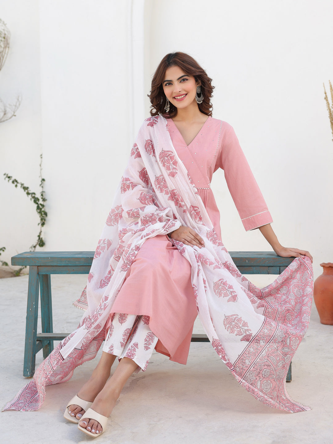 Light Pink Pure Cotton Floral Printed A-line Kurta Set