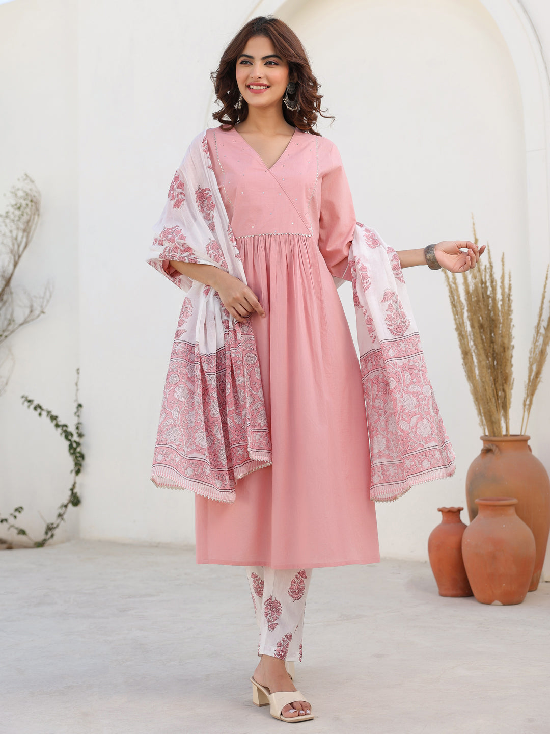 Light Pink Pure Cotton Floral Printed A-line Kurta Set