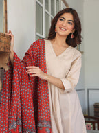 Beige Pure Cotton Floral Printed A-line Kurta Set